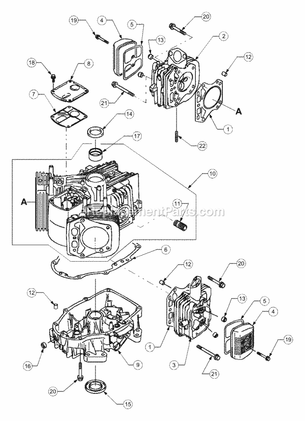 Cylinder/Crankcase Diagram and Parts List for 1525 13A-221F100 Cub Cadet Lawn Tractor